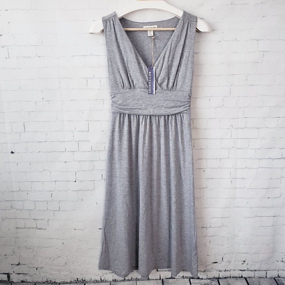 ARTISAN NY Jersey Knit V-Neck Dress Gray Knee Length XS Stretch NEW Casual Basic